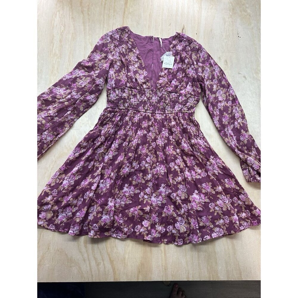 Free People Keep You Floral Print V-Neck Long Sleeve Mini Dress, Size XS Smocked